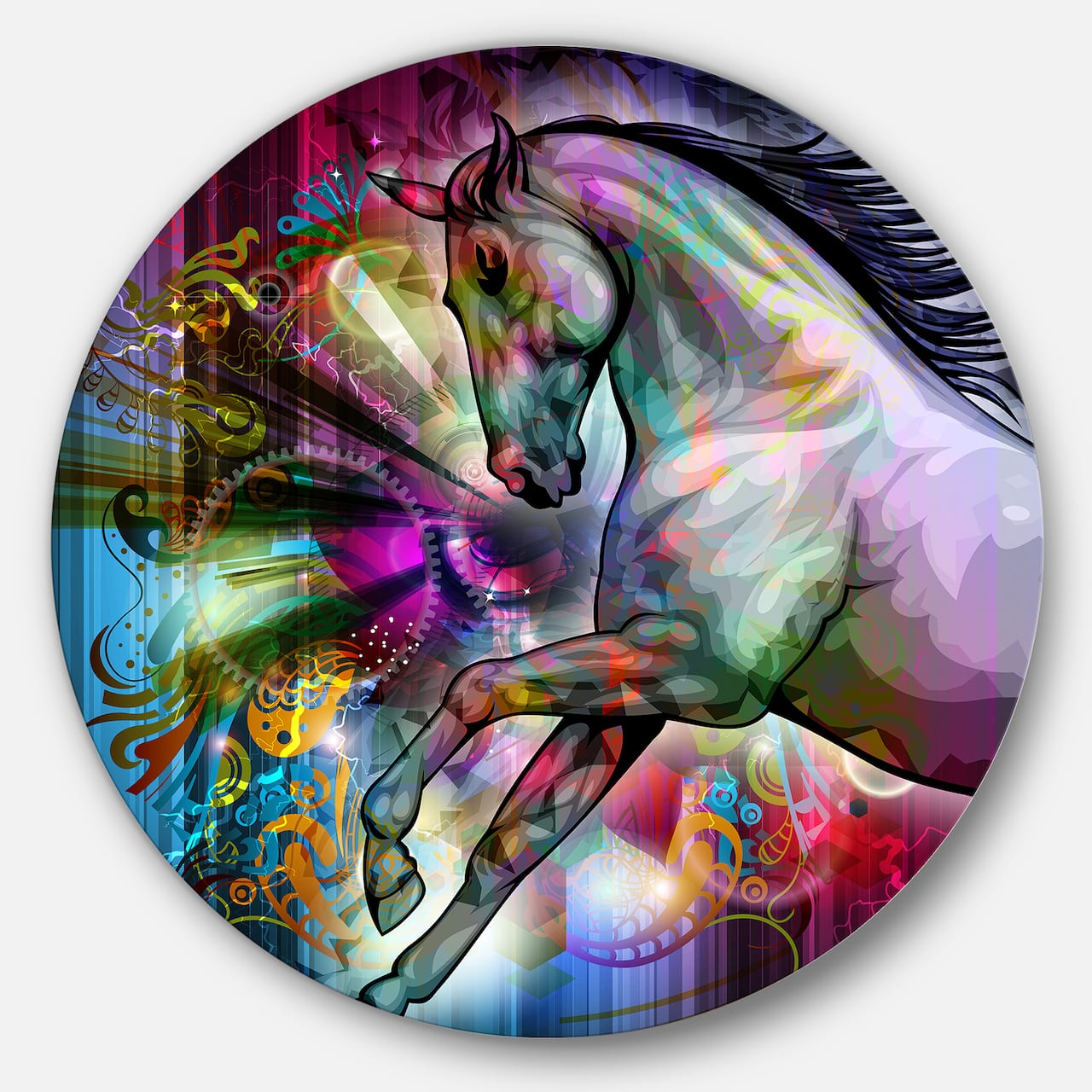 Designart - Horse over Colorful Abstract Image' Ultra Glossy Animal Oversized Metal Circle Wall Art